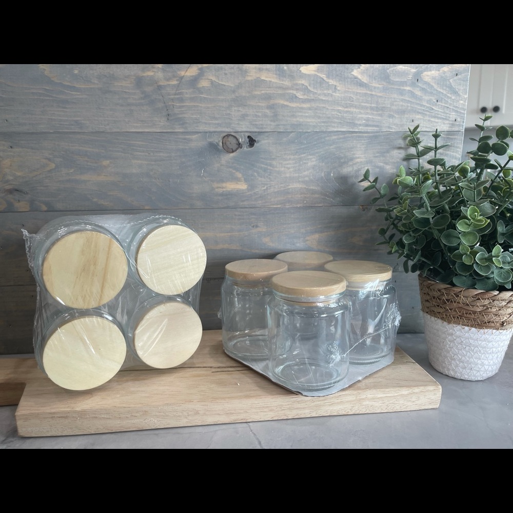 8 glass jars natural wood lids - storage ideas!